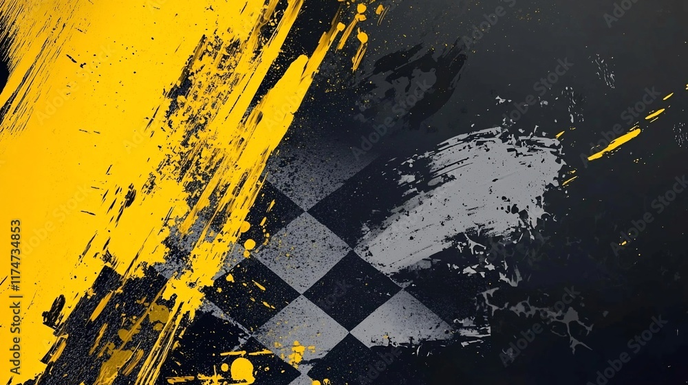 Poster Abstract background with vibrant yellow and gray paint splashes, overlaid on a checkered pattern.