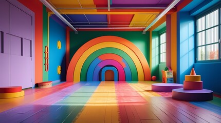 A colorful rainbow playground room serves as a vibrant backdrop for photo studio sessions, providing an engaging and playful environment for children's photography