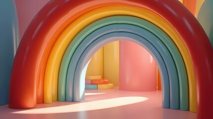 A colorful rainbow playground room serves as a vibrant backdrop for photo studio sessions, providing an engaging and playful environment for children's photography