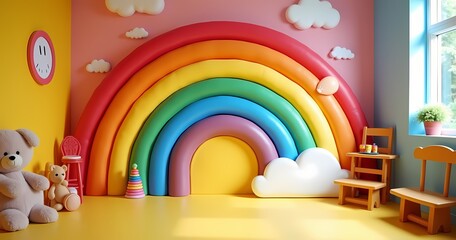 A colorful rainbow playground room serves as a vibrant backdrop for photo studio sessions, providing an engaging and playful environment for children's photography