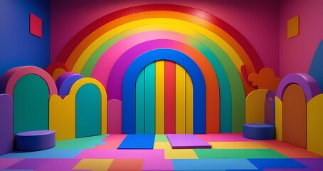 A colorful rainbow playground room serves as a vibrant backdrop for photo studio sessions, providing an engaging and playful environment for children's photography