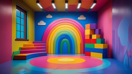 A colorful rainbow playground room serves as a vibrant backdrop for photo studio sessions, providing an engaging and playful environment for children's photography