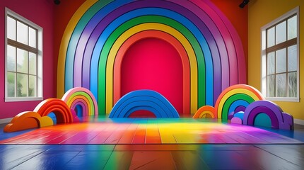 A colorful rainbow playground room serves as a vibrant backdrop for photo studio sessions, providing an engaging and playful environment for children's photography