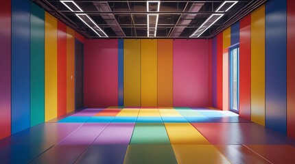 A colorful rainbow playground room serves as a vibrant backdrop for photo studio sessions, providing an engaging and playful environment for children's photography