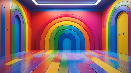 A colorful rainbow playground room serves as a vibrant backdrop for photo studio sessions, providing an engaging and playful environment for children's photography