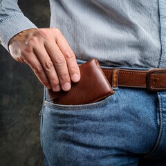 The man pulls a brown leather wallet out of his jeans pocketGenerated image