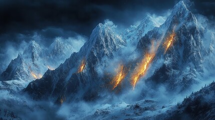 Naklejka premium A dramatic mountain landscape illuminated by glowing lava amidst a dark, stormy atmosphere.