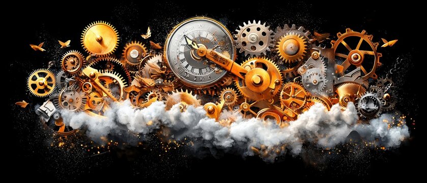 Steampunk Clockwork Mechanism with Smoke and Sparks.