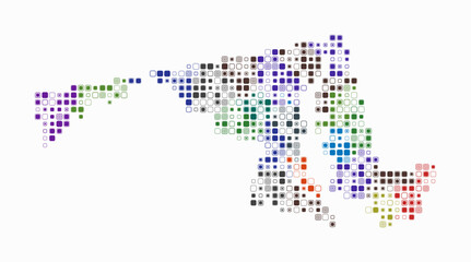 Maryland, shape of the state built of colored cells. Digital style map of Maryland on a white background. Small size rounded square blocks. Awesome vector illustration.