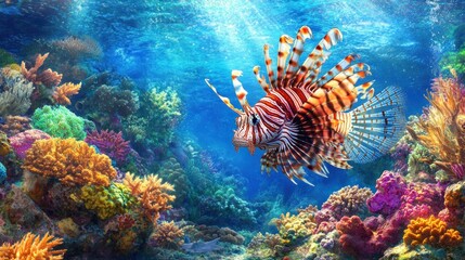 Majestic lionfish gracefully swims amidst vibrant coral reef, sunlit ocean water.
