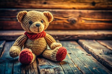 Obraz premium Adorable Knitted Teddy Bear on Rustic Wooden Background - Aerial View Stock Photo