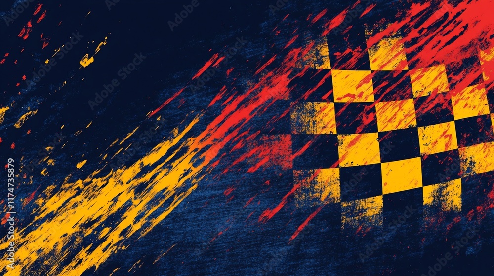 Poster abstract checkered flag graphic design with vibrant colors and paint splatter effects.