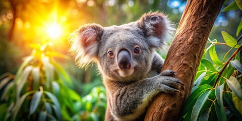 Obraz premium Adorable Koala Clinging to Eucalyptus Tree in Australian Rainforest