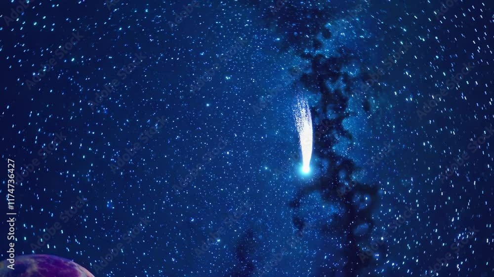 Poster starry sky with a bright comet and part of a planet visible in the corner
