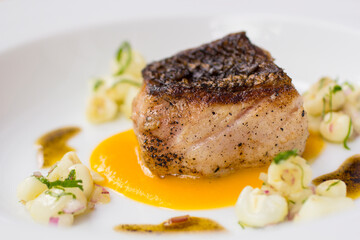 Close-up of grilled cod fillet glazed with spicy mango sauce, served with fresh white corn salad, gourmet seafood presentation.