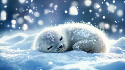 Obraz premium Snowy seal pup resting peacefully in a tranquil winter landscape surrounded by falling snowflakes