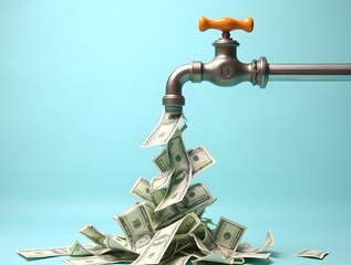 Money Flowing from Faucet: Concept of Financial Abundance, Wealth, and Easy Money