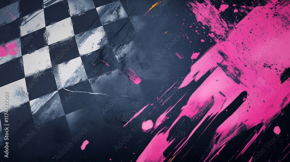 Poster abstract checkered flag with pink paint splashes. (1)