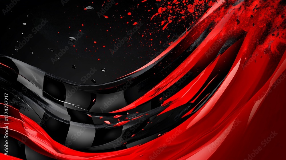 Poster Abstract red and black checkered flag design with dynamic movement and splashes.
