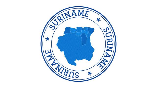 Suriname intro. Badge with the circular name and map of country. Suriname round logo animation.