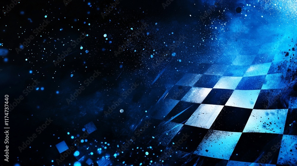 Aufkleber abstract checkered flag design with a dark blue background and glowing effects.