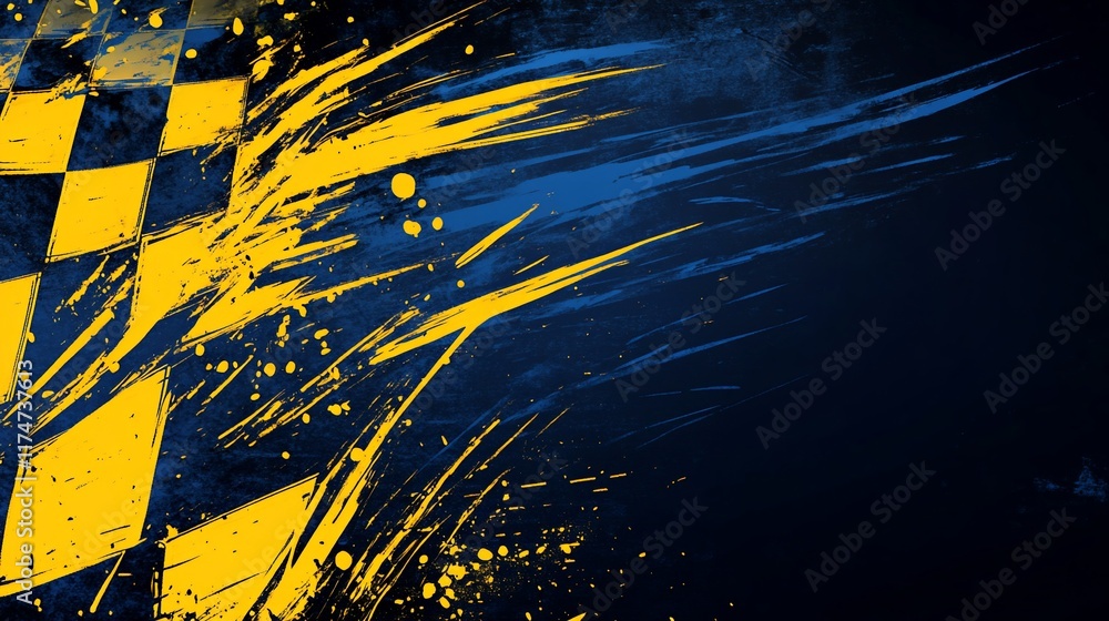 Poster abstract checkered flag design with vibrant yellow paint splashes and dark blue background.