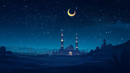 isra mi'raj the journey Prophet Muhammad flat illustration with mosque, moon, stars at night. greeting happy isra mi'raj day with muslim Islam people. Suitable for greeting card, postcard, banner, web