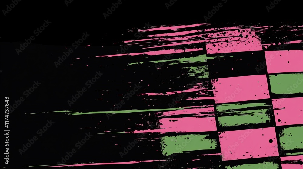Poster abstract graphic design with pink and green squares on a dark background, textured with brushstrokes