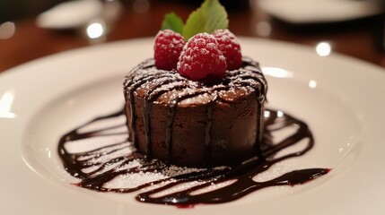 Rich chocolate dessert topped with raspberries and drizzled with sauce at a cozy restaurant