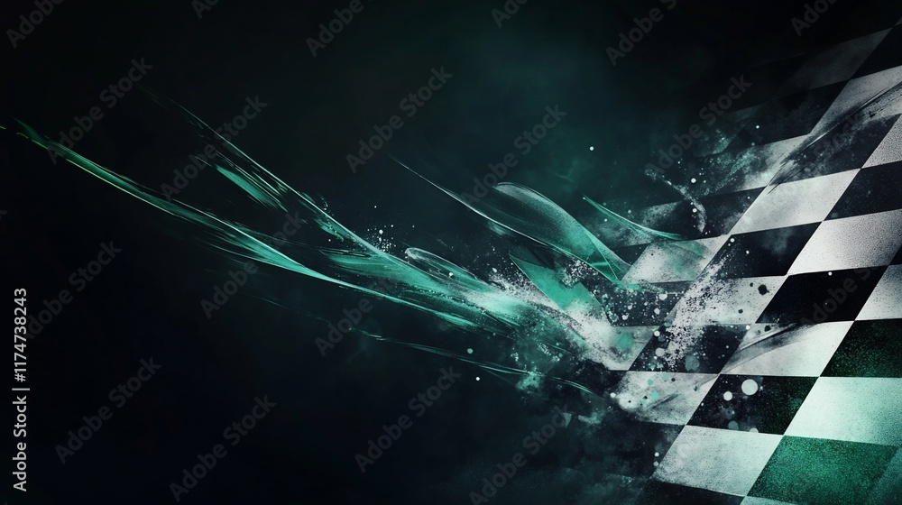 Poster Abstract checkered flag with dynamic teal streaks on dark background.