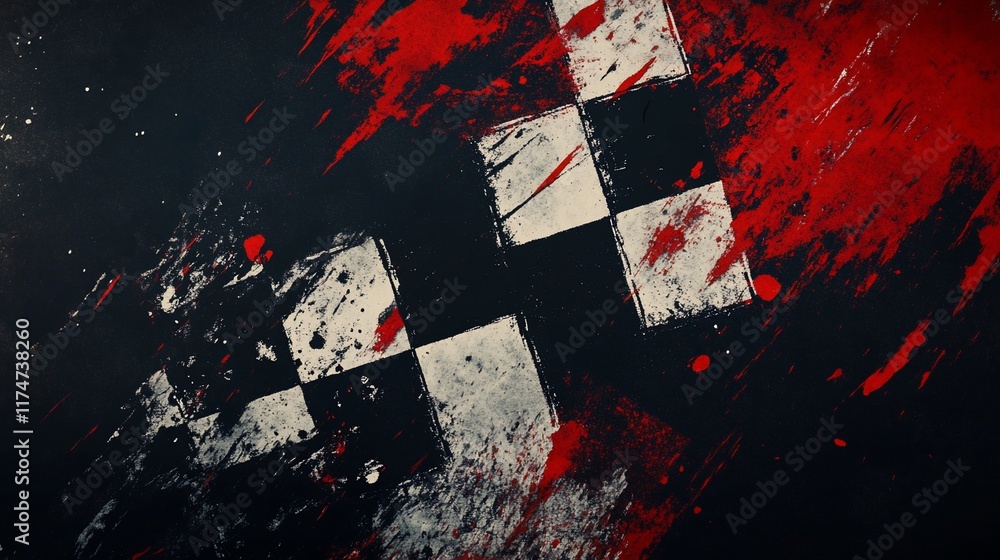 Poster checkered flag stained with red and black splatters.