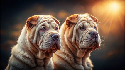 Obraz premium Adorable Red & White Shar Pei Puppies Close-Up Silhouette Portrait