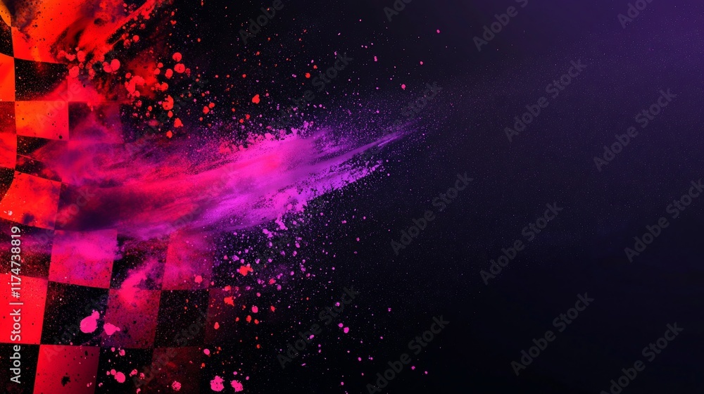 Poster abstract checkered flag exploding in vibrant colors on a dark background.