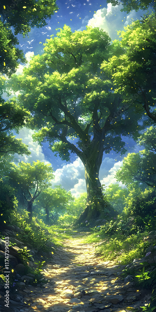 Poster Sunlit path through lush green forest with large tree.
