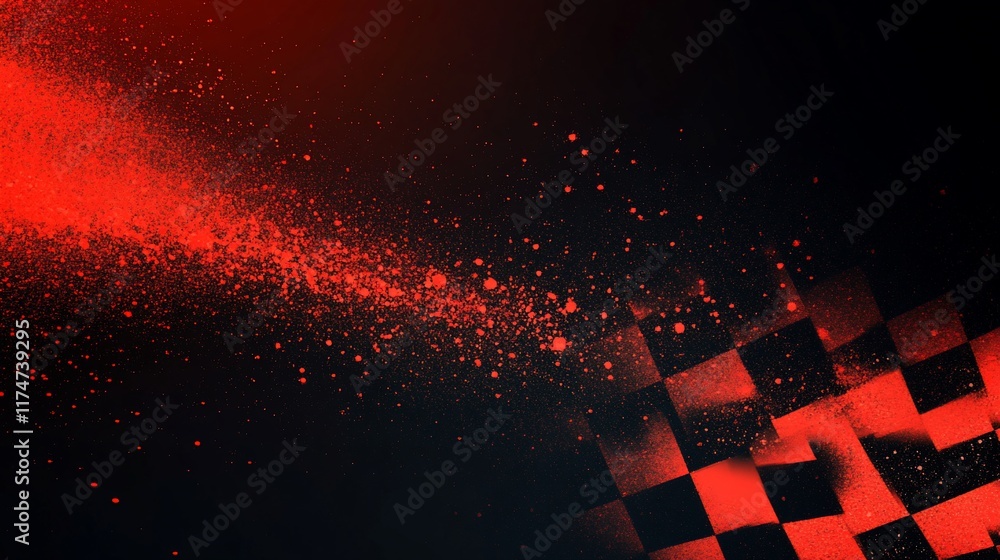 Poster Abstract checkered flag with red particles.