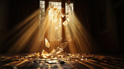 A broken glass pane with radiant light spilling through the cracks