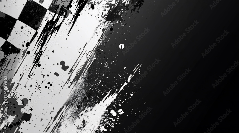 Poster grunge checkered flag background with paint splatters. (3)