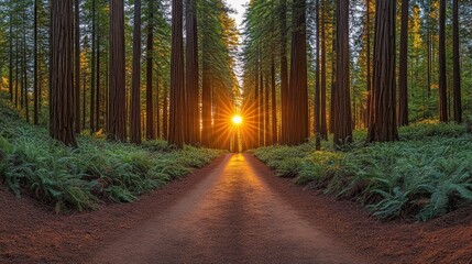Obraz premium A serene forest path illuminated by a sunset, surrounded by towering trees and lush ferns.