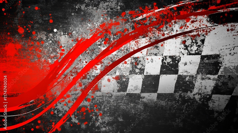 Poster Grunge checkered racing flag background with red splatters.