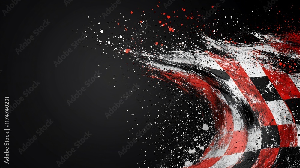 Aufkleber Abstract checkered flag design with dynamic motion blur and paint splatters.