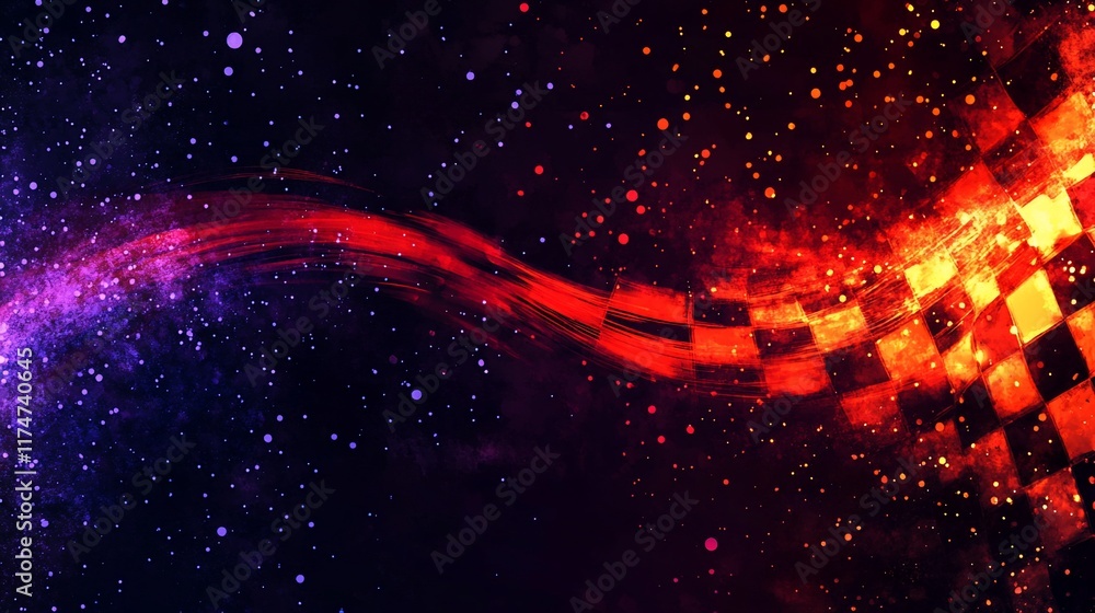 Poster Abstract checkered flag in space background with vibrant colors and cosmic particles.