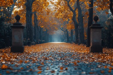 Autumn leaves cover a peaceful path in a tranquil park surrounded by trees and warm light