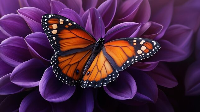 A close-up of a single butterfly resting on a vibrant purple flower