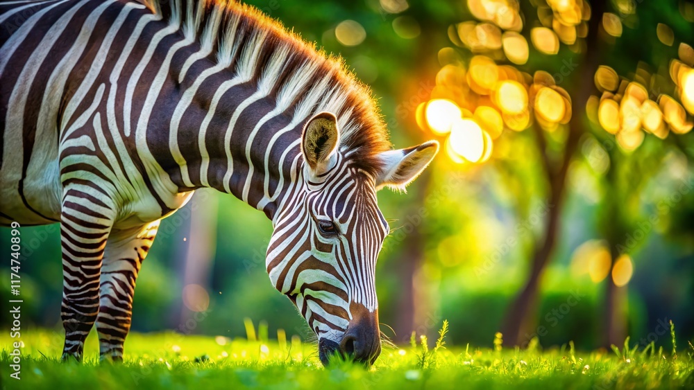 Poster adorable zebra grazing in zoo enclosure with beautiful bokeh background