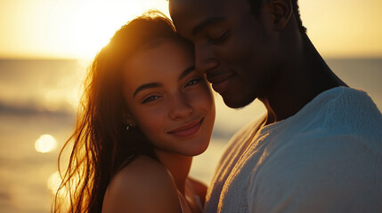 Young Happy couple in Seashore and Hugging Closely at Sunset, Enjoying and Loving the Moment with Warm Golden Lights