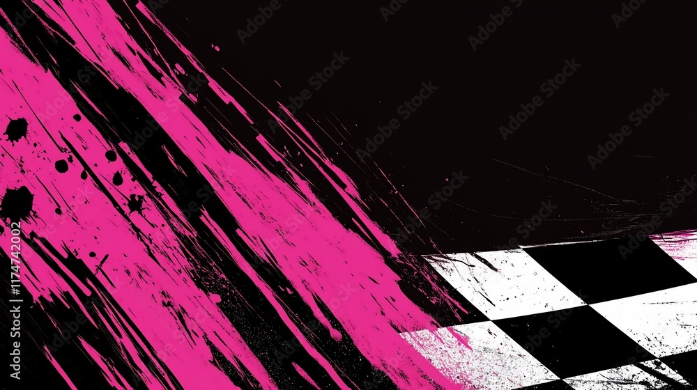 Poster abstract racing background with pink and black paint splatters and checkered flag.