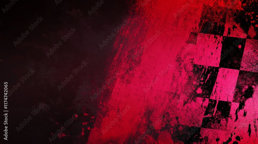 Poster checkered flag with red grunge texture.