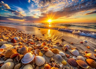 Obraz premium Aerial Drone Shot of Seashells Scattered on a Sandy Beach at Sunset