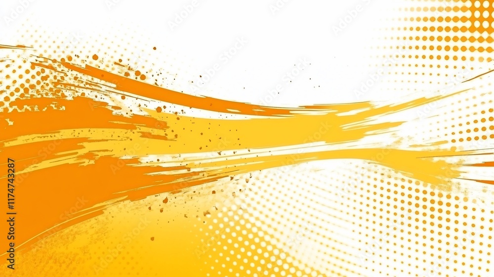 Poster abstract orange graphic design with halftone dots and paint strokes.