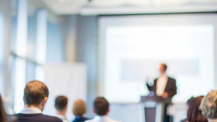 Fototapeta premium A blurred background showing an industry expert giving a talk at a business conference. 